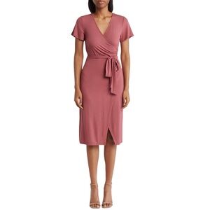 NWT Nordstrom Everyday Faux Wrap Midi Dress, V-Neck Flutter Deep Mauve XS $118